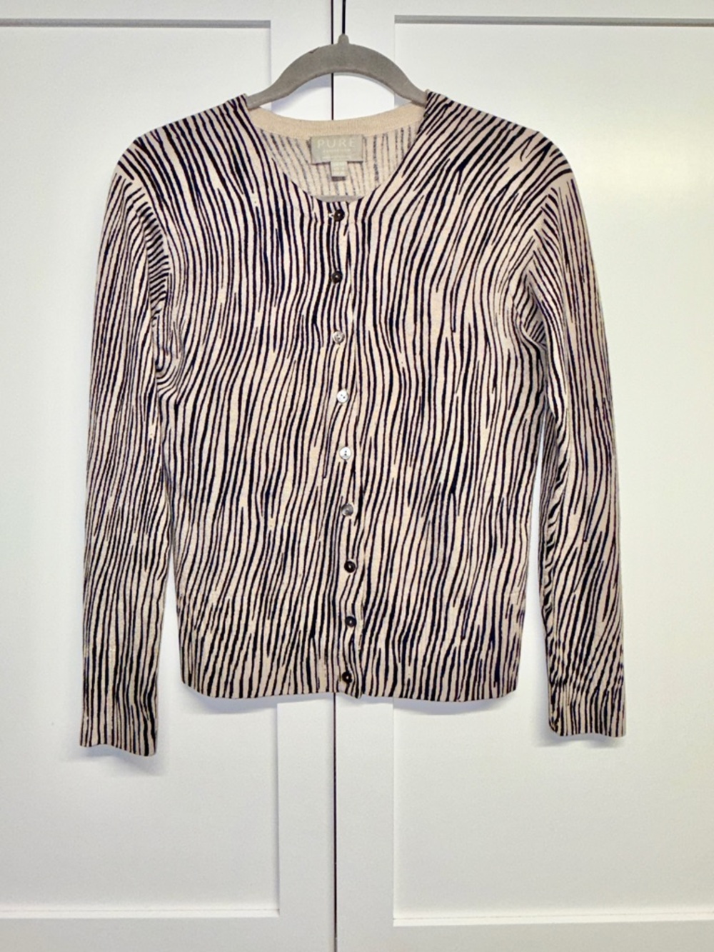 Sold 100% Cashmere Zebra Print Button-Up Cardigan in Beige and Black